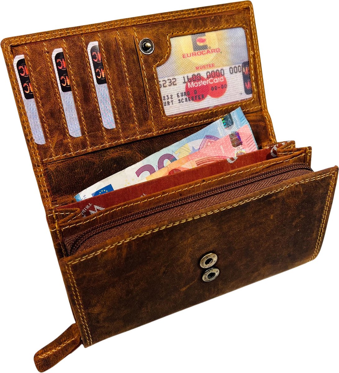 WILD REAL - Portemonnee Dames - Overslagportemonnee - Buffel Leder - 17 x 10 x 3 cm - Inhoud 17 pasjes - Anti-Skim