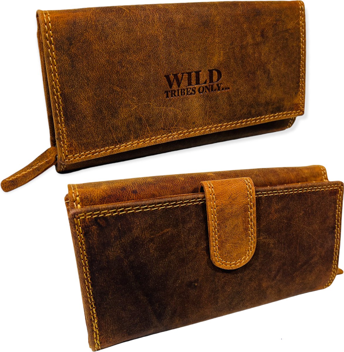 WILD REAL - Portemonnee Dames - Overslagportemonnee - Buffel Leder - 17 x 10 x 3 cm - Inhoud 17 pasjes - Anti-Skim