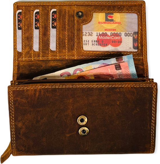 WILD REAL - Portemonnee Dames - Overslagportemonnee - Buffel Leder - 17 x 10 x 3 cm - Inhoud 17 pasjes - Anti-Skim