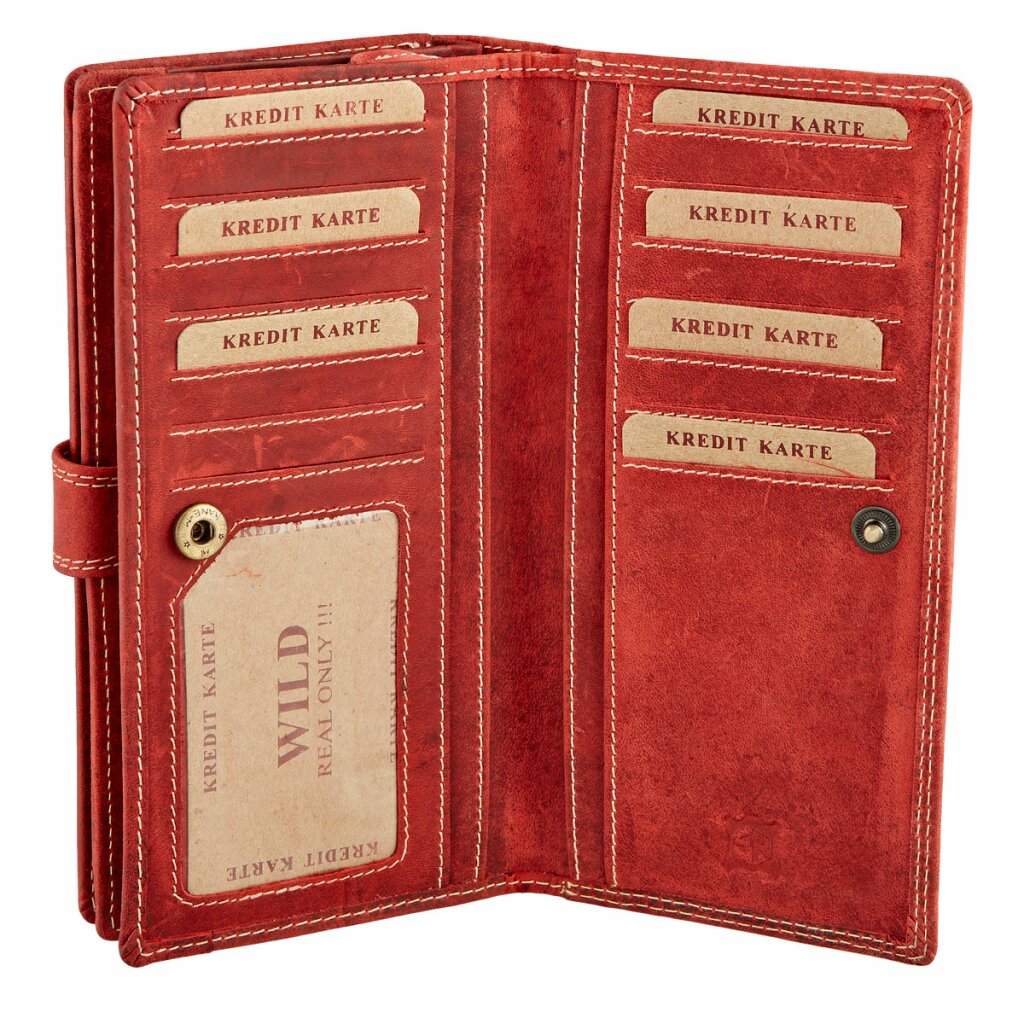 WILD REAL - Portemonnee Dames - Overslagportemonnee - Buffel Leder - 17 x 10 x 3 cm - Inhoud 17 pasjes - Anti-Skim