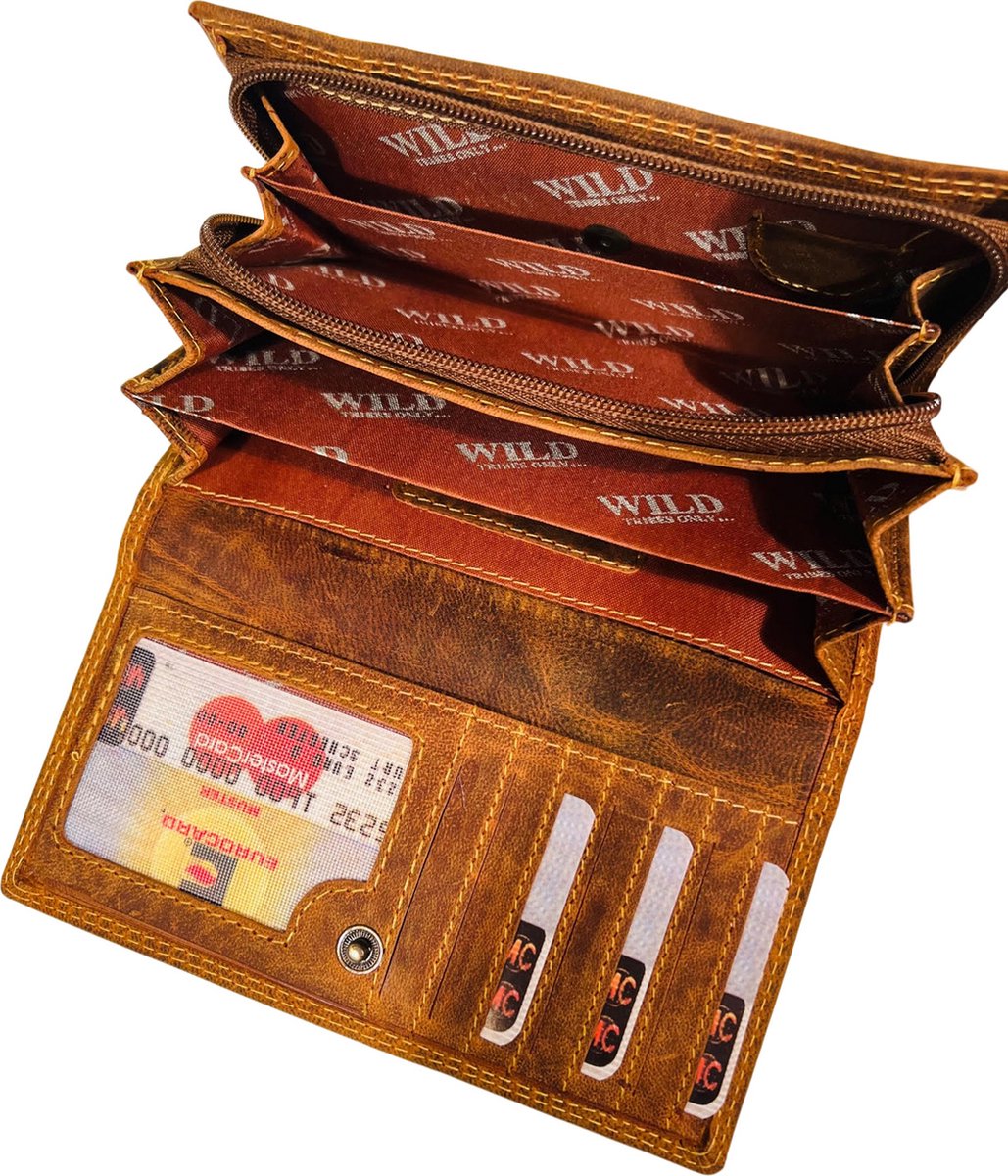 WILD REAL - Portemonnee Dames - Overslagportemonnee - Buffel Leder - 17 x 10 x 3 cm - Inhoud 17 pasjes - Anti-Skim