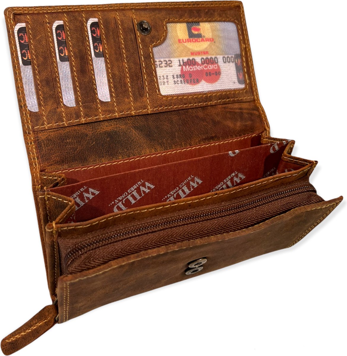 WILD REAL - Portemonnee Dames - Overslagportemonnee - Buffel Leder - 17 x 10 x 3 cm - Inhoud 17 pasjes - Anti-Skim